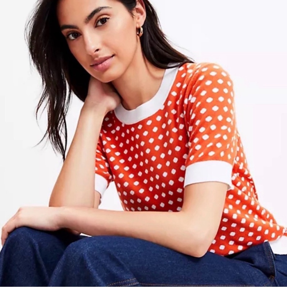 LOFT Orange and White Polka Dot Women’s Short Sleeve Sweater size Small - Picture 2 of 5